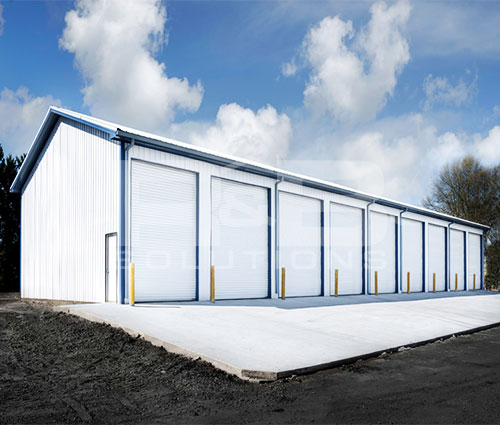 Commercial Pole Barn Garage in Gallery Blue and White
