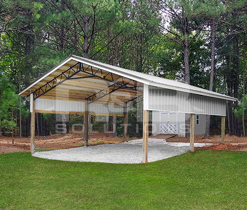 Pole Barn Carport Structure in White and Light Gray