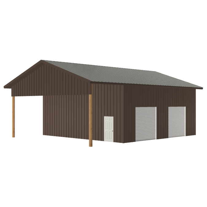 A vector of a brown siding, grey roof, and brown trim pole barn combo building with two white garage doors and one white walk-in door.