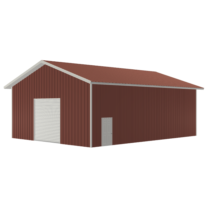 A vector of a red siding, red roof, and white trim pole barn building with one white garage door and one white walk-in door.
