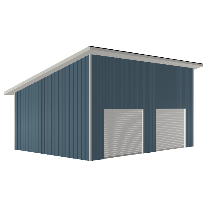 A vector of a blue siding and white trim single slope pole barn building with two white garage doors.