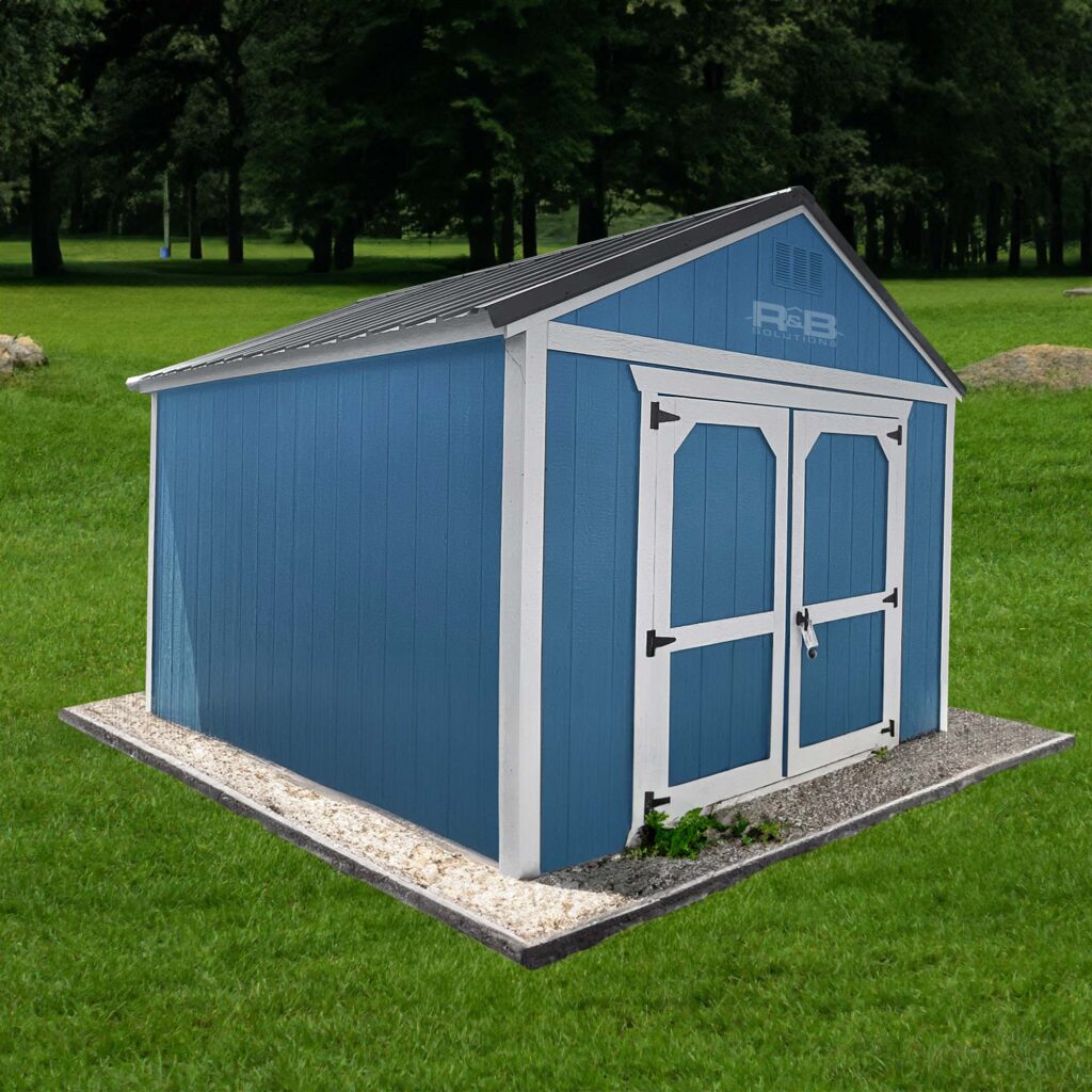 A photo of a blue siding and white trim shed with one double barn door on gravel padding.